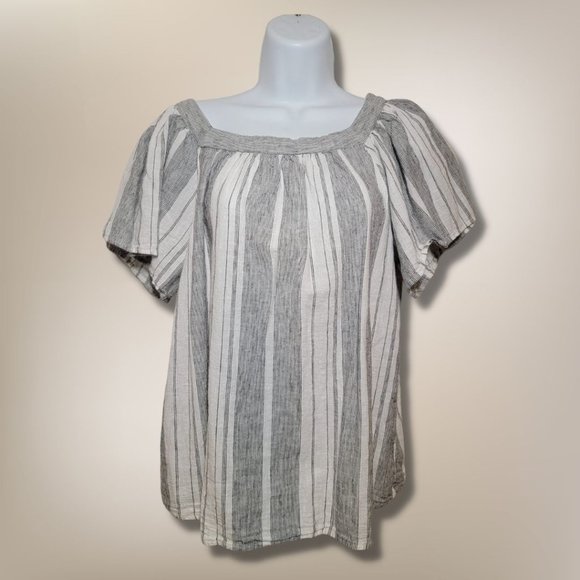Banana Republic Factory Stripe Textured Peasant Top, Linen/Cotton, White, SP - Picture 2 of 8